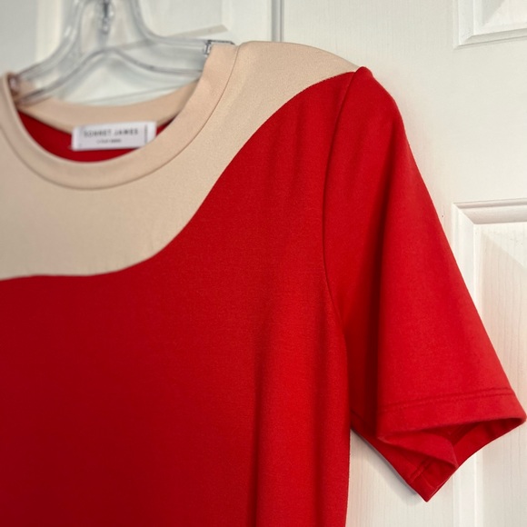 SOLD SONNET JAMES Red & Beige Abstract Swirl Short Sleeve Midi Play Dress Size S - Picture 5 of 16